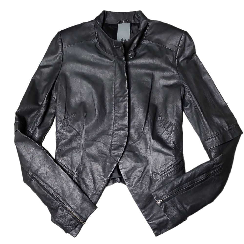 Scatola black leather long tail zip front button jacket zip wrists